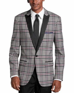 Paisley & Gray Slim Fit Dinner Jacket, Gray And Berry Plaid