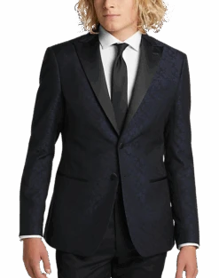 Egara Slim Fit Satin Peak Lapel Dinner Jacket, Dark Blue Patterned