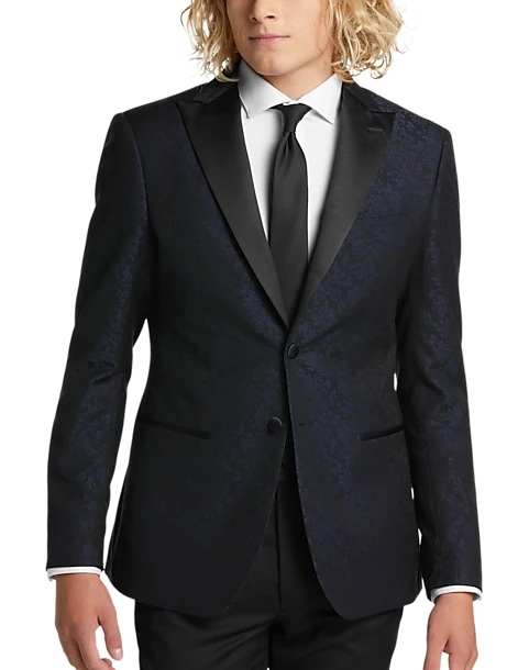 Egara Slim Fit Satin Peak Lapel Dinner Jacket, Dark Blue Patterned