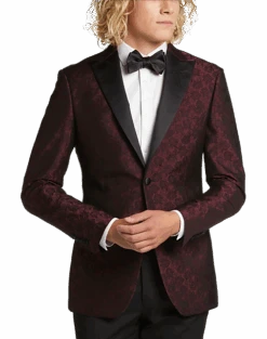 Egara Slim Fit Satin Peak Lapel Dinner Jacket, Burgundy Patterned