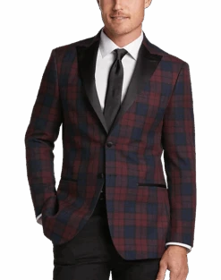After Hours Slim Fit Satin Peak Lapel Dinner Jacket, Red Tartan Plaid