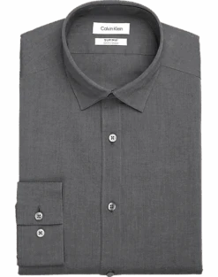 Calvin Klein Refined Cotton Stretch Supima Slim Fit Hidden Button-Down Collar Dress Shirt, Charcoal