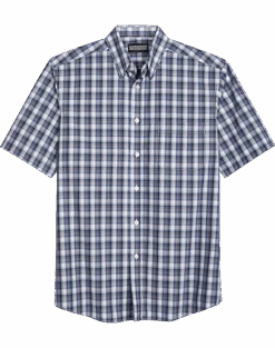 Haggar Modern Fit LIFE KHAKI™ Short Sleeve Plaid Sport Shirt, Dark Blue Plaid
