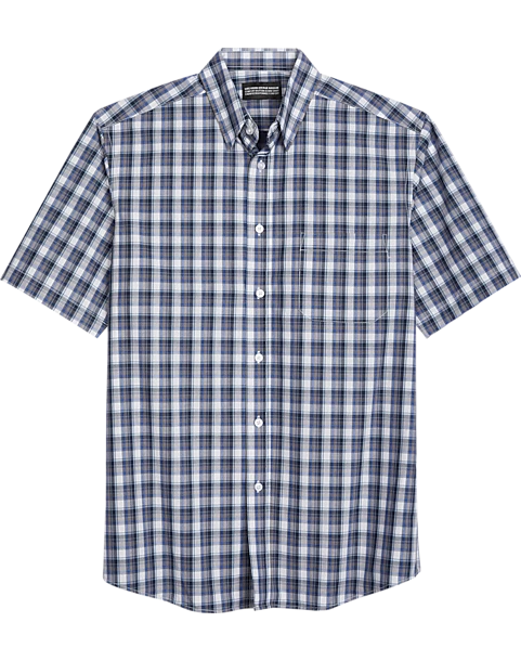 Haggar Modern Fit LIFE KHAKI™ Short Sleeve Plaid Sport Shirt, Dark Blue Plaid