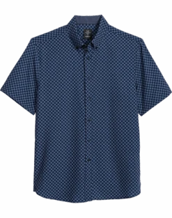 Michael Strahan Modern Fit 4-Way Stretch Short Sleeve Sport Shirt, Navy Square Check