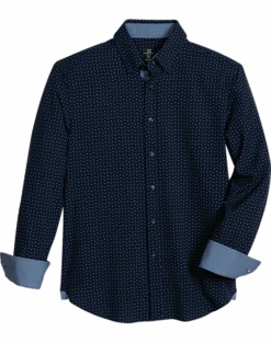 Michael Strahan Modern Fit Spread Collar Four-Way Stretch Sport Shirt, Navy Mini Triangle Dot