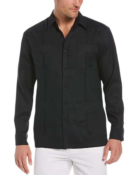 Cubavera Modern Fit Linen Guayabera Shirt, Black