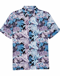 Cubavera Modern Fit Short Sleeve Sport Shirt, Blue & Pink Tropical Floral