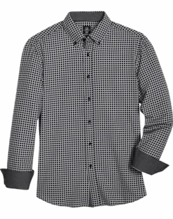 Michael Strahan Modern Fit Four-Way Stretch Sport Shirt, Black Grid
