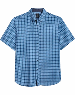 Michael Strahan Modern Fit 4-Way Stretch Short Sleeve Sport Shirt, Blue Grid