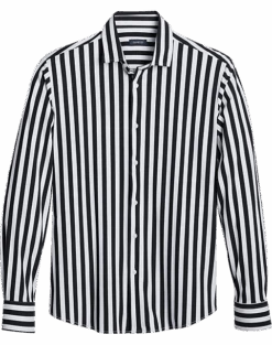 Zanetti Modern Fit Spread Collar Sport Shirt, Black And White Stripe
