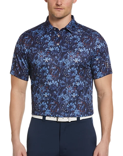 PGA Tour Classic Fit Printed Polo, Navy Fireworks