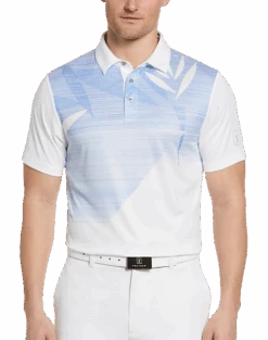 PGA Tour Classic Fit Printed Polo, White Asymmetric Tropical