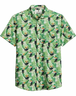 Report Collection Modern Fit Four-Way Stretch Short Sleeve Sport Shirt, Light Green Toucan Bird